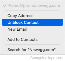 Unblocking an e-mail contact in Apple Mail.