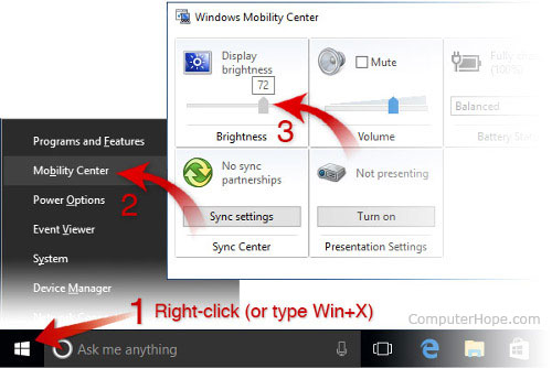 Adjusting screen brightness using Windows 10 Mobility Center