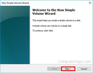 Click Next to begin the Simple Volume wizard.