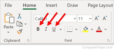 Microsoft Excel Home tab, Font section - Set bold, italics, underline