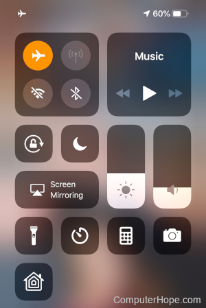 iOS Control Center with airplane mode enabled