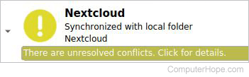 Nextcloud message stating there are unresolved conflicts.