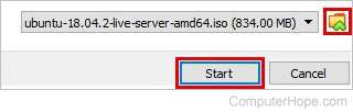In the Select start-up disk window, click the folder icon. Select the Ubuntu Server ISO file you downloaded.