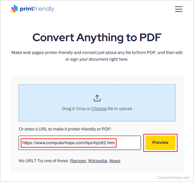 Generating a copy of a web page on printfriendly.com.