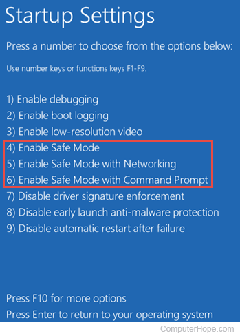 Windows 10 Startup Settings Safe Mode options
