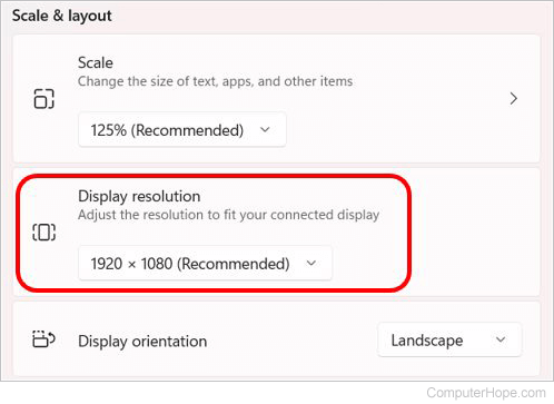 Display resolution setting in Windows 11 display settings