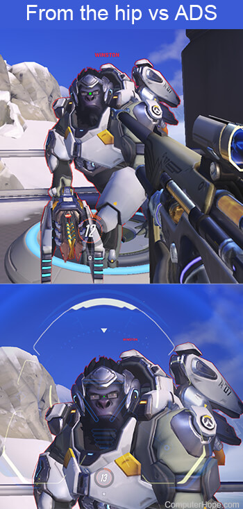 From the hip aiming vs ADS aiming in Overwatch.