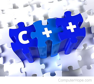 C++ characters printed on three-dimensional puzzle pieces.