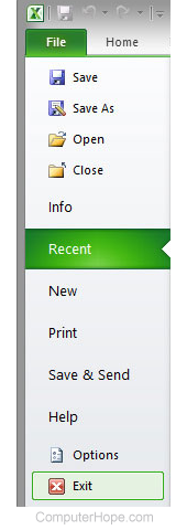 Exit option in file menu of Microsoft Excel.