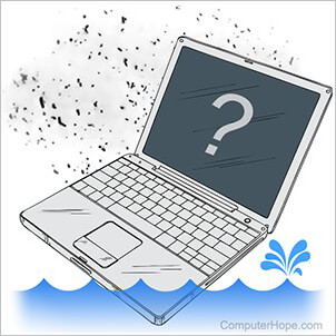 Illustration: A laptop surrounded by dust and water.