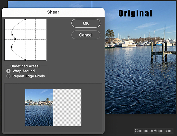 Shear filter settings in Adobe Photoshop.
