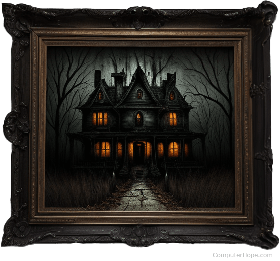 Haunted house painting in a a frame.
