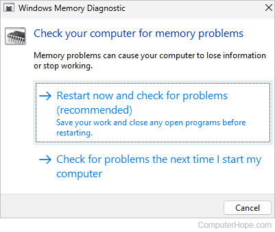 Windows Memory Diagnostic opening window in Microsoft Windows 11.