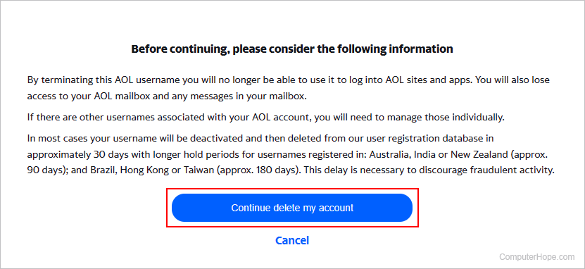 Continue delete my account button in Aol Mail.