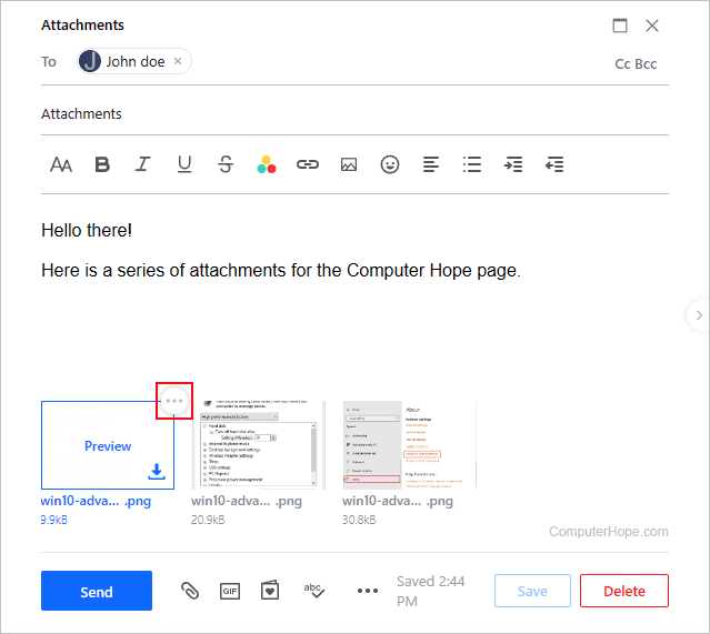 Removing attachments from an Aol Mail message.