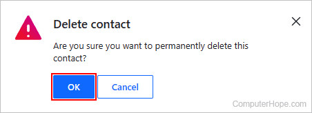Confirming the deletion of a contact in Aol Mail.