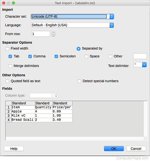LibreOffice Calc Text Import options dialog