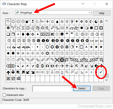 Check mark in Character Map