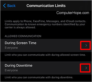 Communication limits settings page