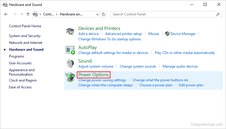 Power options selector in Windows.