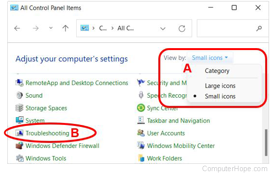 Troubleshooting option in Windows Control Panel