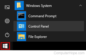 Windows 10 Control Panel in Start menu