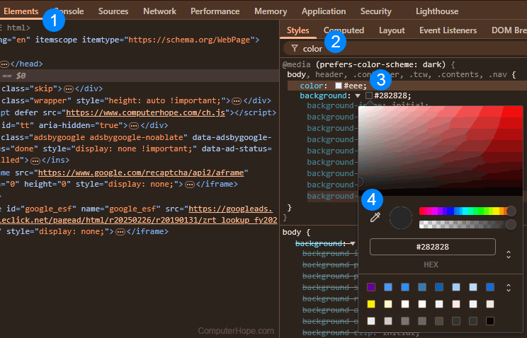 DevTools in Google Chrome and steps in getting to the eyedropper tool.