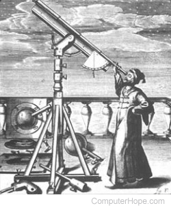 Illustration of a person using an early telescope