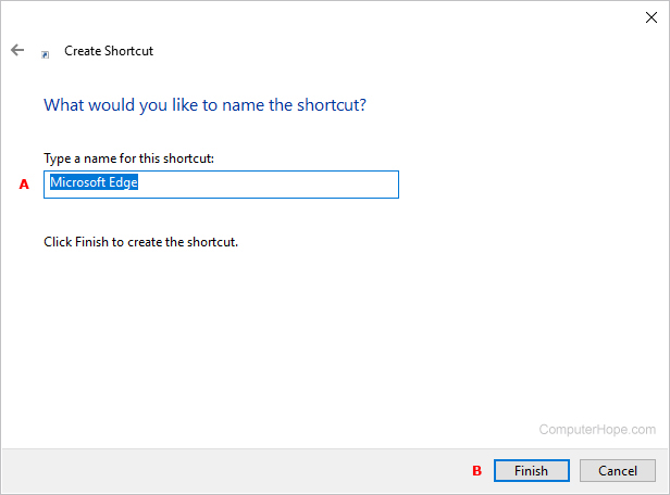 Microsoft Edge için bir kısayol adı seçme.