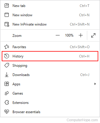 History selector in Edge.