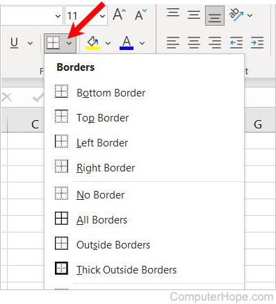 Microsoft Excel cell border options