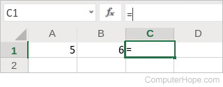 The = sign appears in the formula bar, and in the cell.