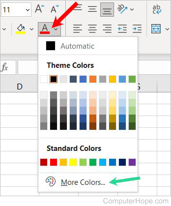 Microsoft Excel font color options
