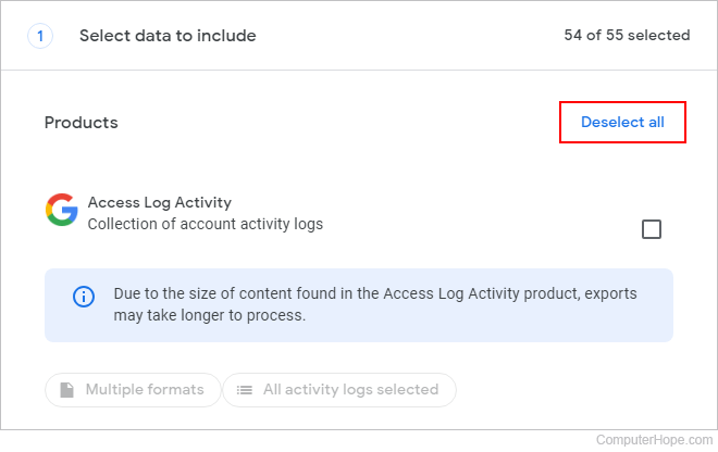 Deselect all link on Google Takeout.