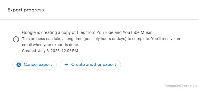 Google Takeout export confirmation.
