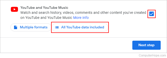 Selecting the YouTube data to download from Google Takeout.