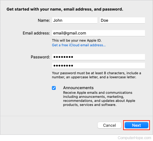 Creating an Apple ID in macOS.