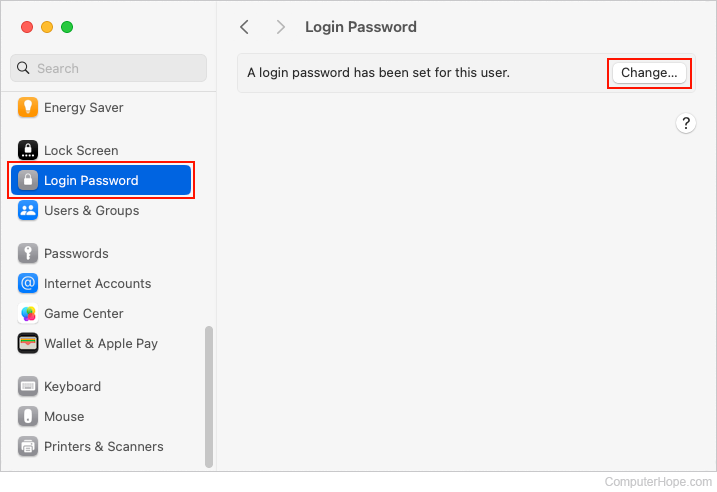 Changing the login password in macOS.