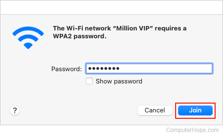 Entering the password for a Wi-Fi network in macOS.