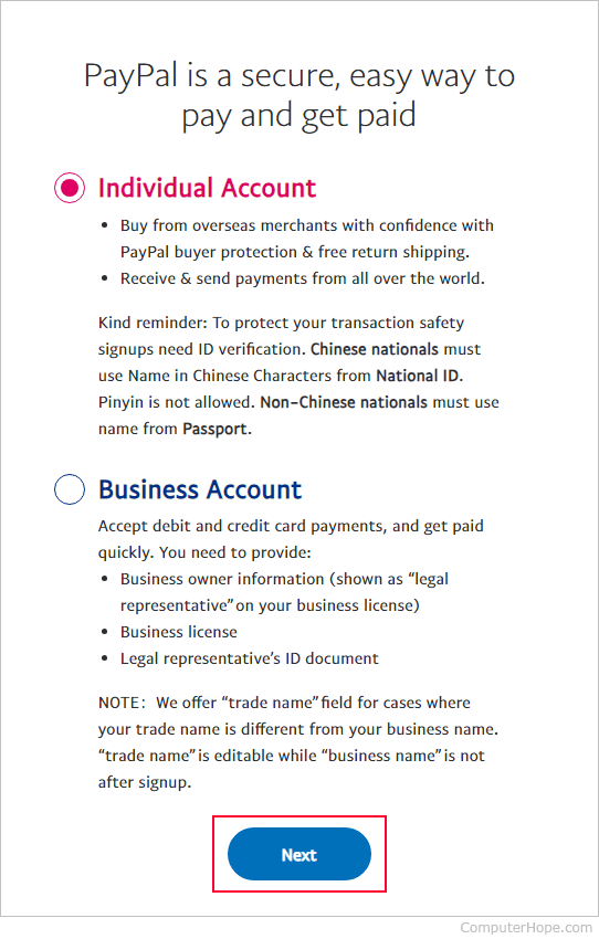 Choosing an account type in the sign-up process for PayPal.