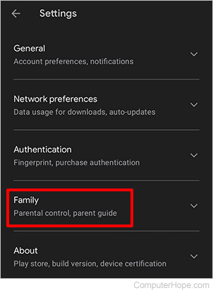 Family option in Google Play Store app