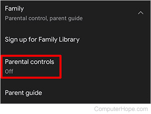 Parental controls option in Google Play Store app