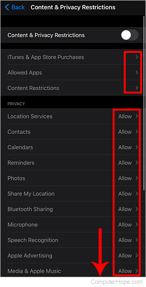 Privacy restrictions settings page