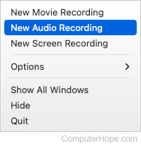 Initiating a recording in QuickTime.