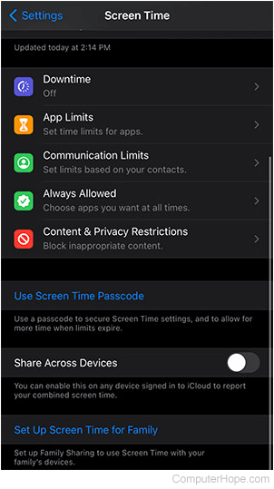 Screen Time settings page