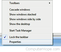 Windows taskbar properties