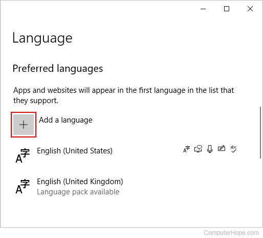 Section where you may add a language to Windows 10.