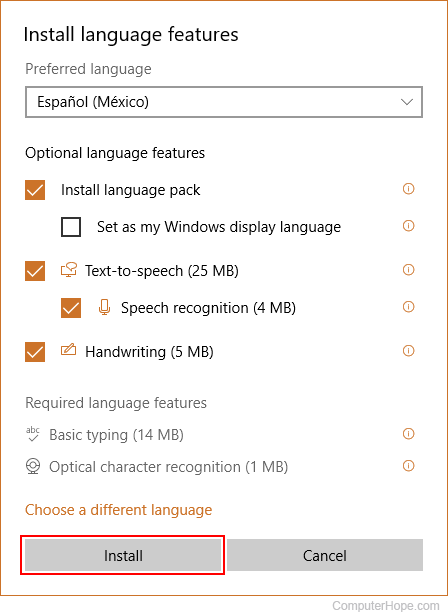 Choosing the features that come with a language in Windows 10.
