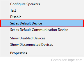 Setting speakers as the default output device in Windows.