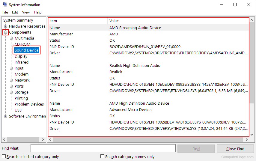 Sounds devices displayed under the System Information utility in Windows.